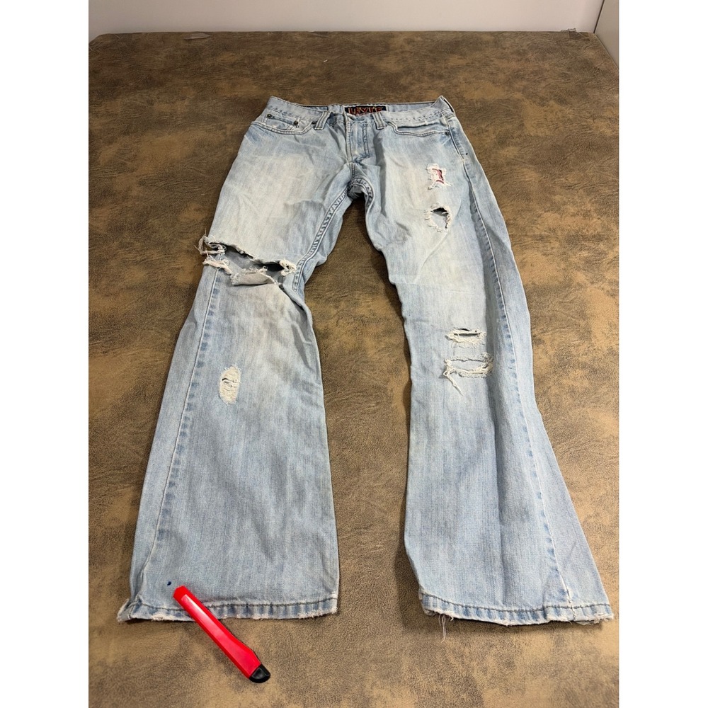 Levis 527 Low Boot Cut Jeans Mens W30 L30 Light Blue Distressed Denim 4353
